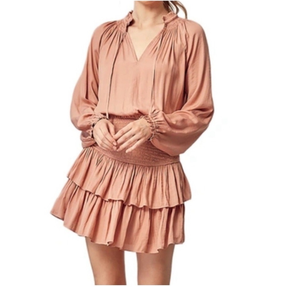 Mustard Seed,Women Dresses Rosette Pink Satin Smocked Tiered Rayon,Boho, Size M